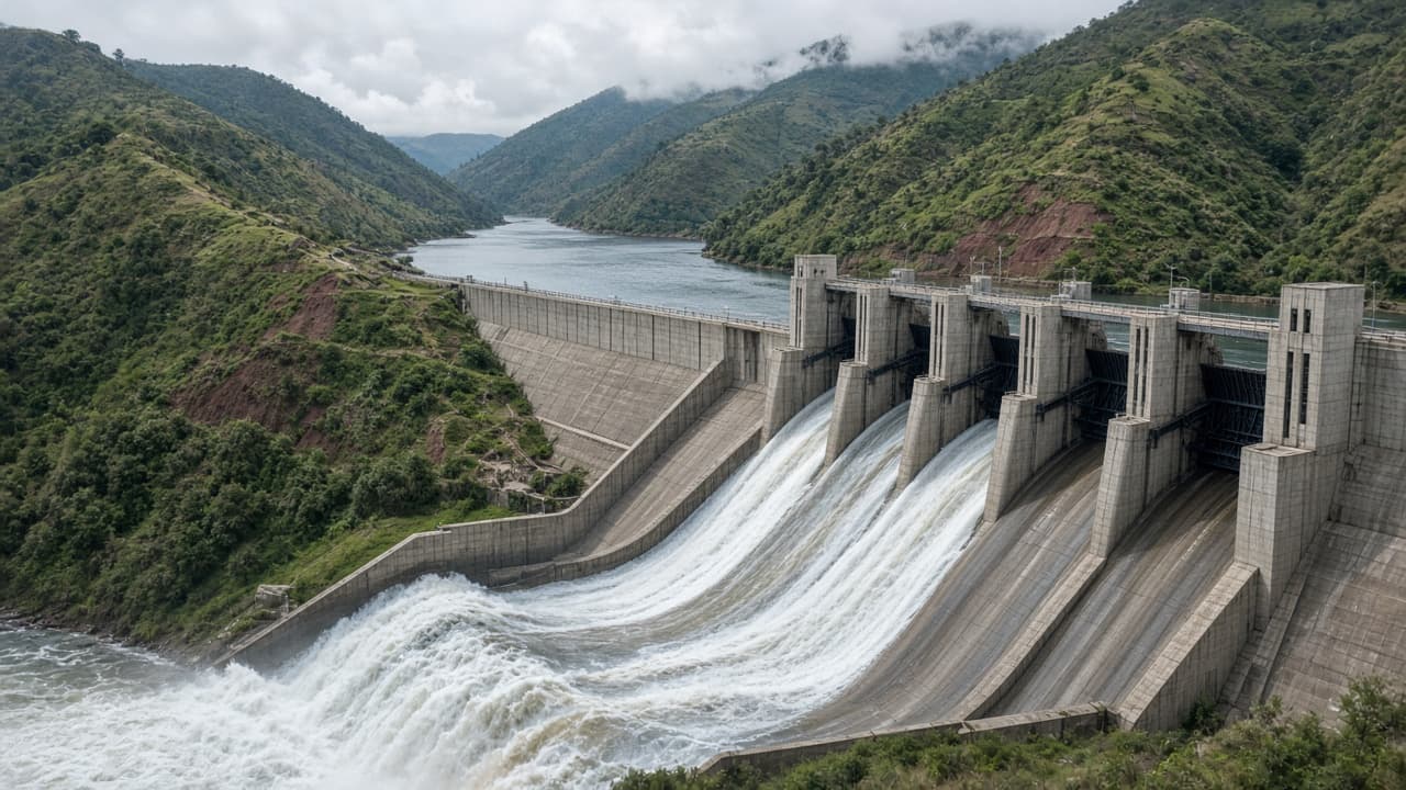 Hydroelectric spillway in East African highlands