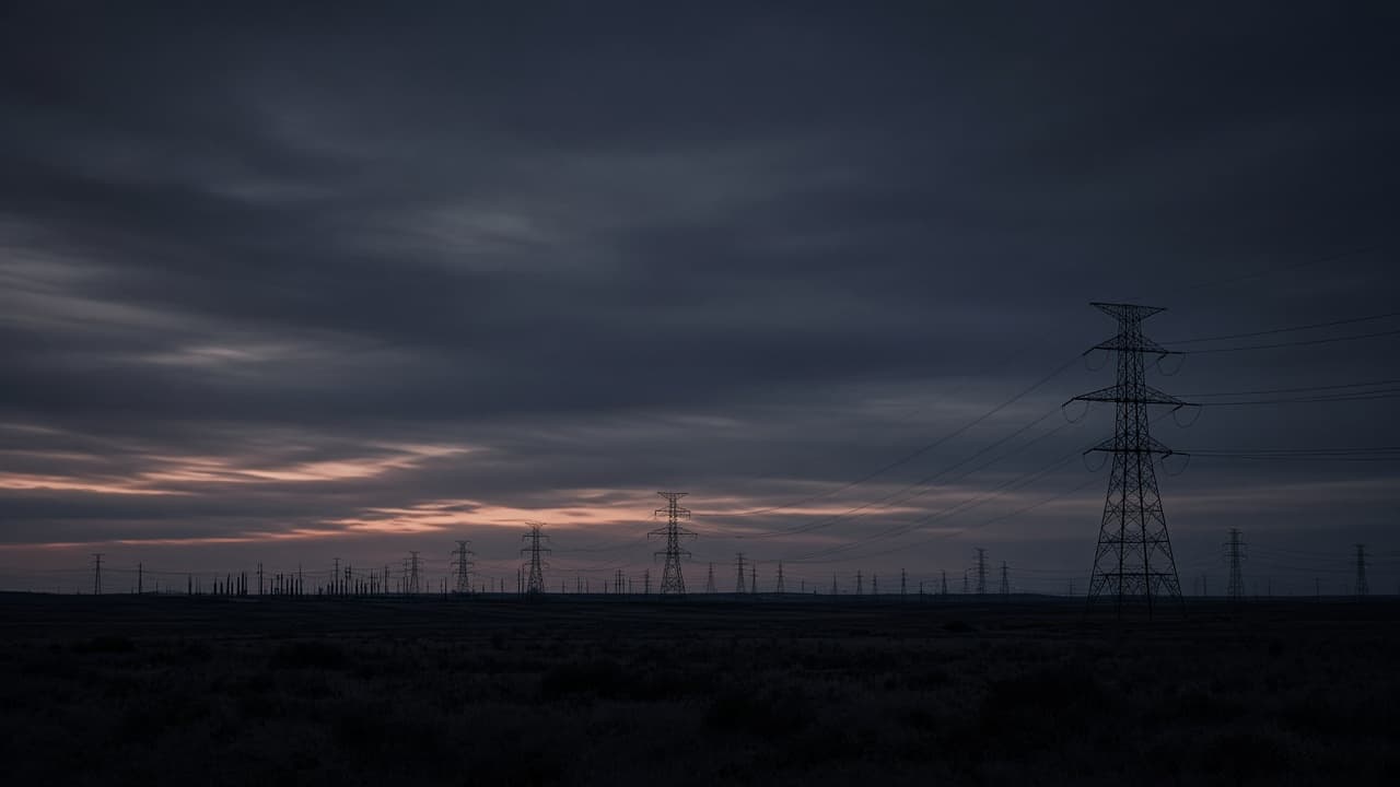 Open landscape with energy infrastructure at dusk