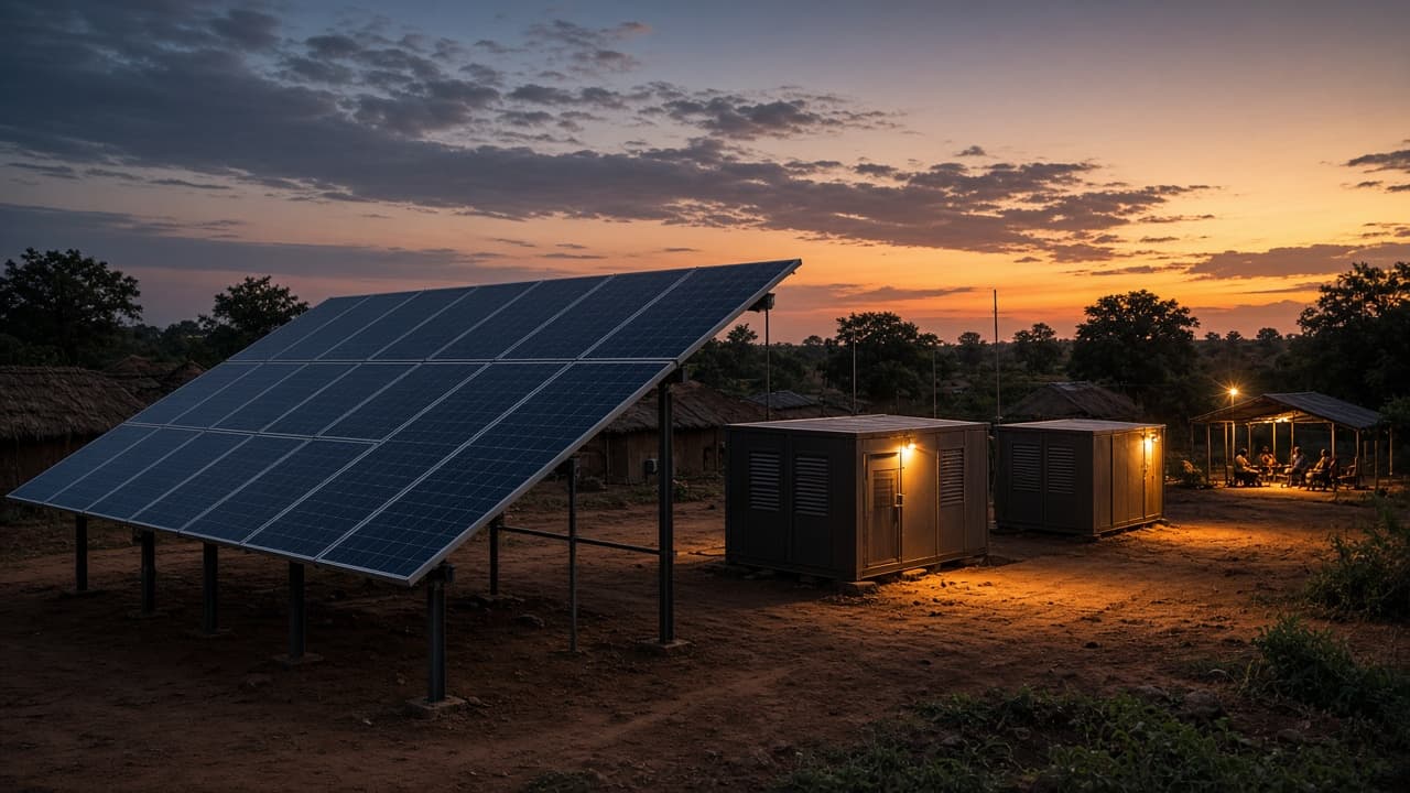 Community-scale solar and battery mini-grid at dusk