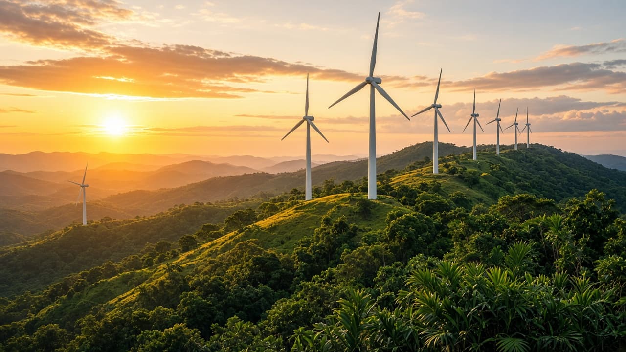Wind turbines on Central American ridgeline at sunrise