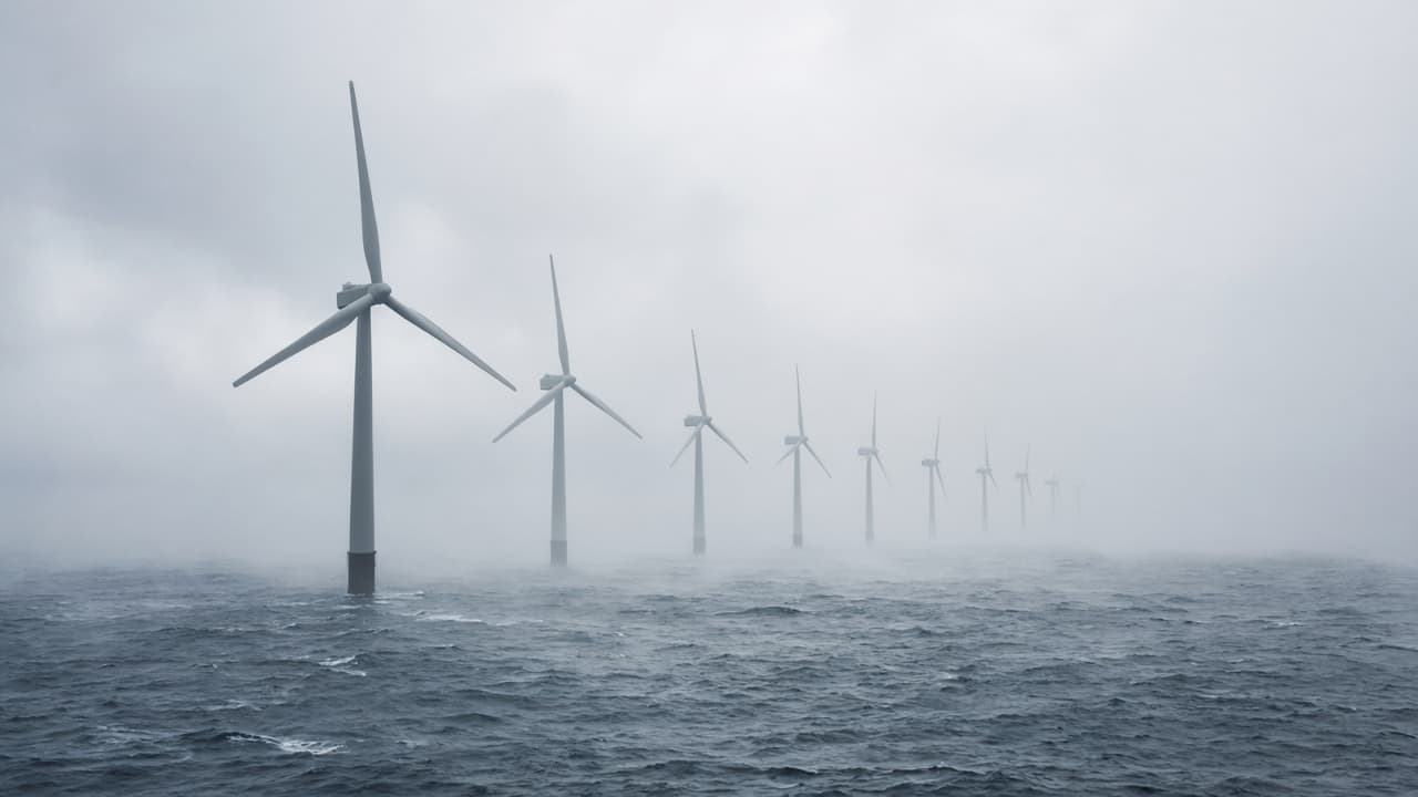 Offshore wind turbines in misty Nordic seas
